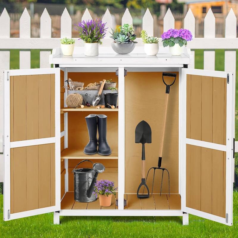 Potting Bench Outdoor Cabinet with Metal Tabletop and Adjustable Shelf