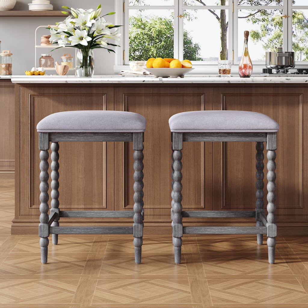 26" Counter Stools,Set of 2 with Upholstered Seat, Solid Acacia wood Frame, Foam-Padded Seat, Open Airy Design for Kitchen