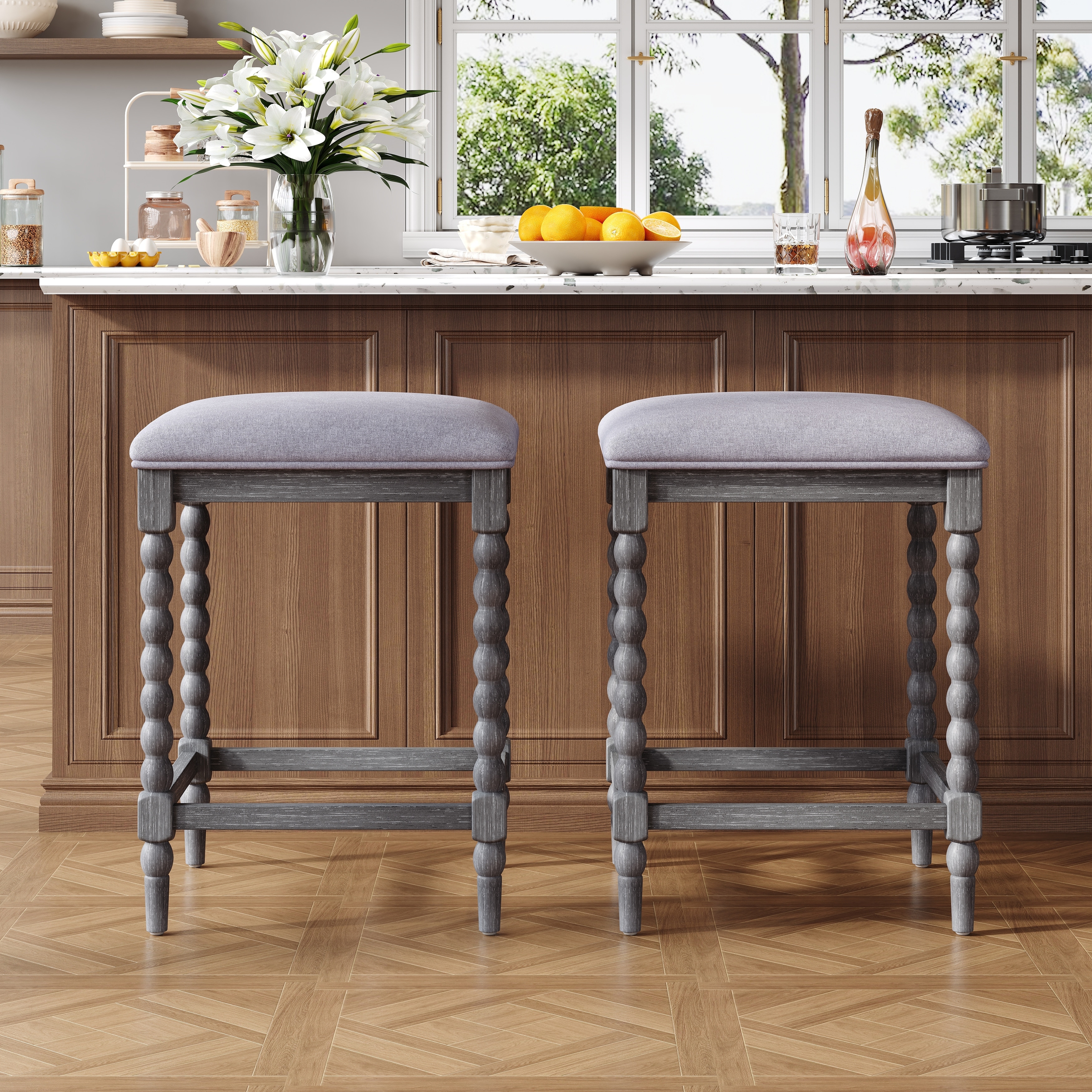26" Counter Stools,Set of 2 with Upholstered Seat, Solid Acacia wood Frame, Foam-Padded Seat, Open Airy Design for Kitchen