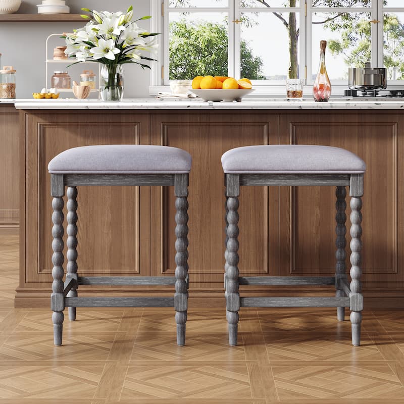 Christopher Knight Home - Valcour Acacia Wood Backless Counter Stools with Upholstered Seat - Set of 2 - Gray