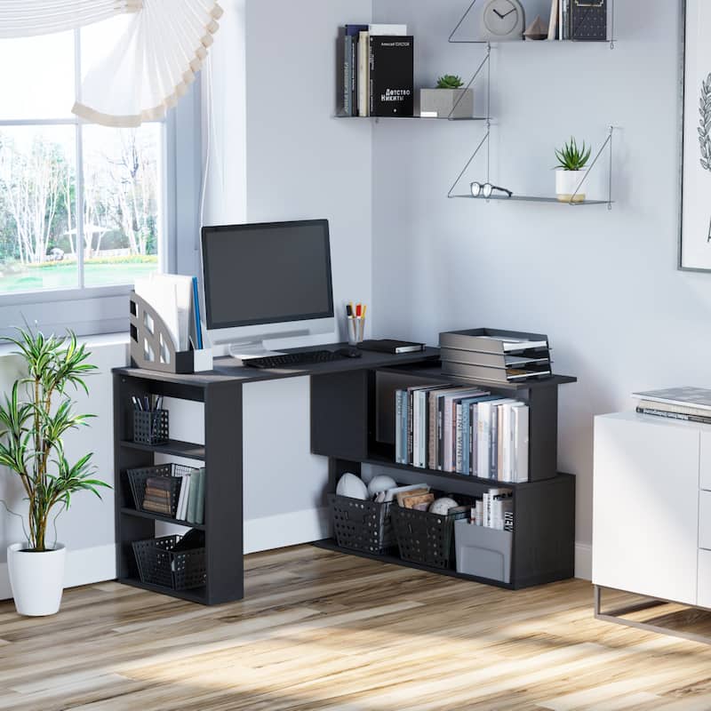HomCom Modern L Shaped Rotating Computer Desk with Bookshelves