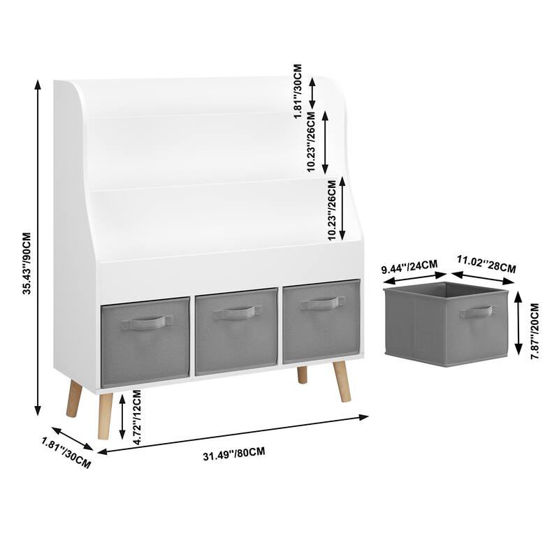 Anmytek 3 Tier Kids Bookcase with Toy Storage Drawers Slanted Display Shelves Pine Wood White for Nursery Playroom
