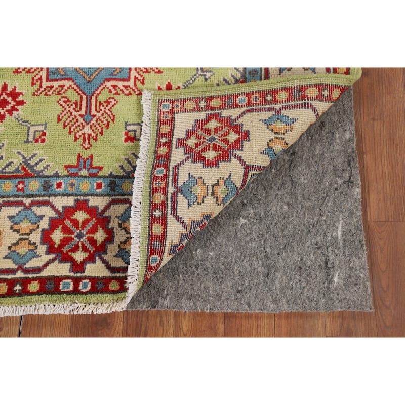 Pistachio Green Geometric Kazak Accent Rug Handmade Wool Carpet - 3'3" x 4'11"