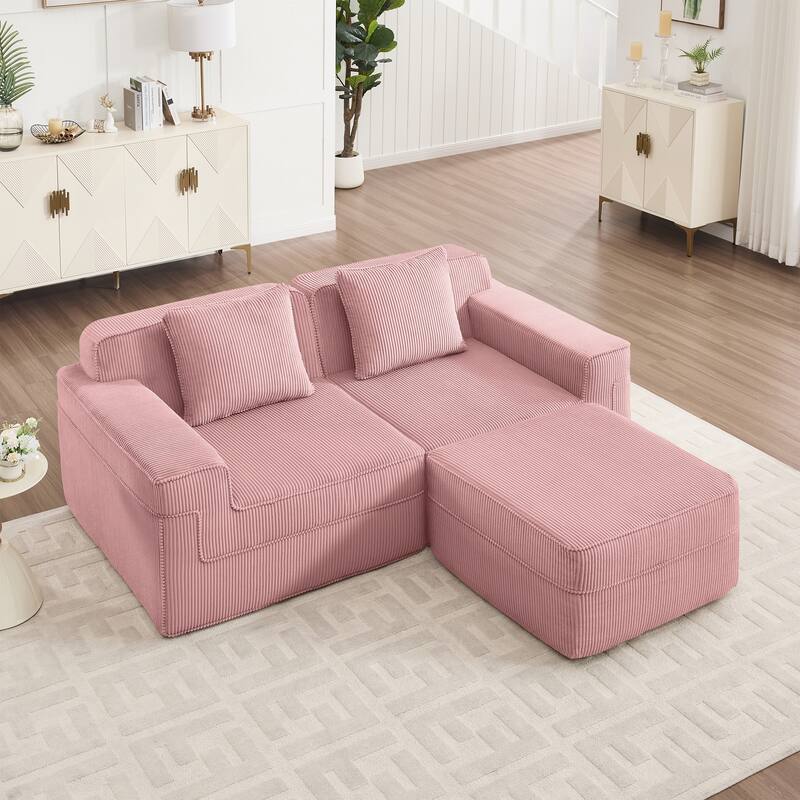 GDFStudio - Corduroy Modular 2-Seater 81.1" L-Shaped Cloud Sectional Loveseat Sofa with Ottoman - Pink