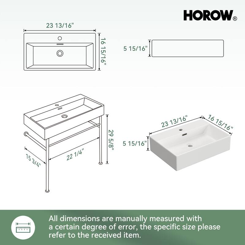 HOROW 24 in. Ceramic White Rectangular Bathroom Console Sink with Black Legs and Overflow