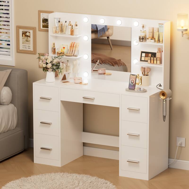 Furniwell Makeup Vanity with Mirror and Drawers Vanity Desk Set with 3 Modes Adjustable Brightness Lights and USB Power Outlet - White