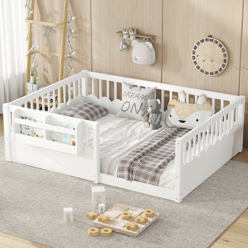 Montessori Floor Bed Kids Bed Frame with Heightened Fence and Bookshelf, Wavy Decoration Wood Platform Bed, No Slats Design - White - Full