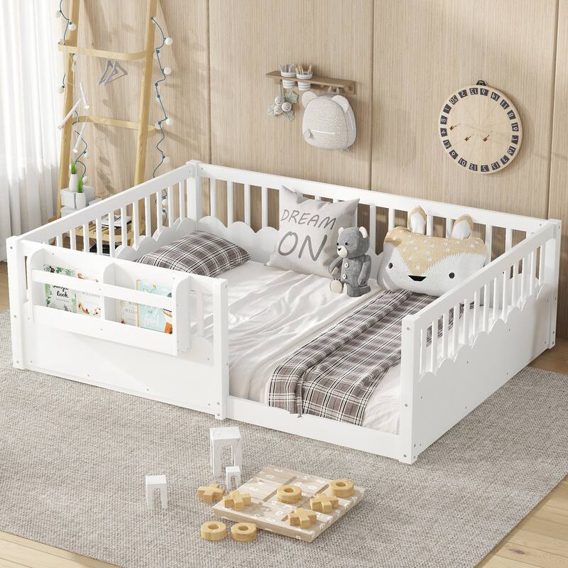 Queen/Full/Twin Floor Bed with Fence and Bookshelf, Wood Kids Floor Bed - White - Full