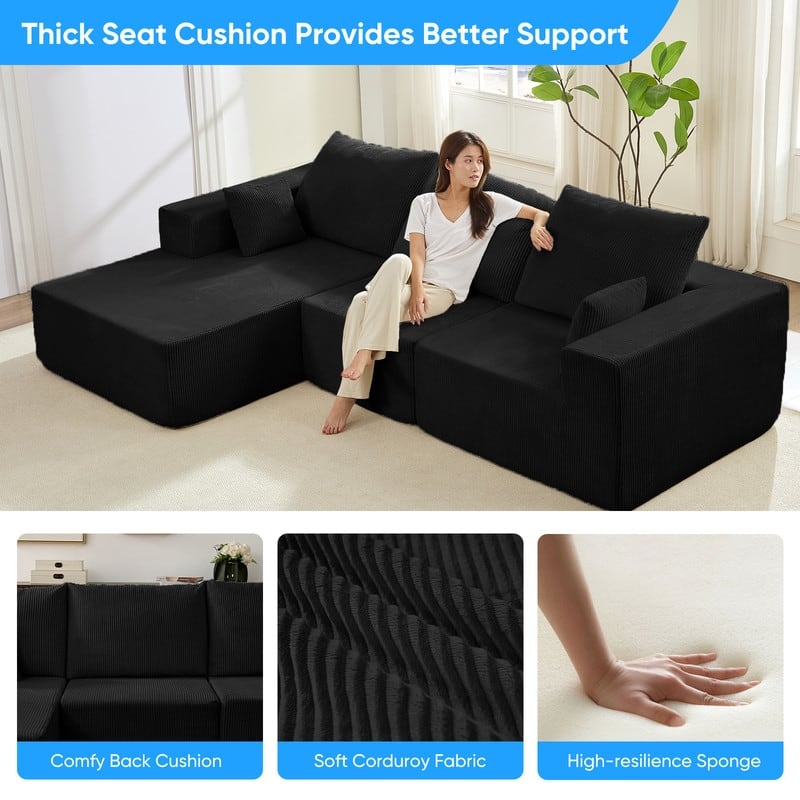 Mixoy W108"Corduroy Fabric Sectional Couch,3-Pieces Free-Combined Cloud Modular Modern L-Shaped Sofa with Chaise Lounge