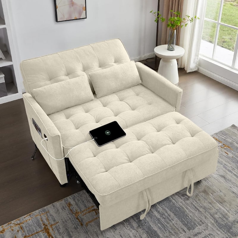 Convertible Sofa Bed,3 in 1 Pull Out Couch,Loveseat Sleeper with Adjustable Backrest,Side Pocket,USB Charging Port - Beige
