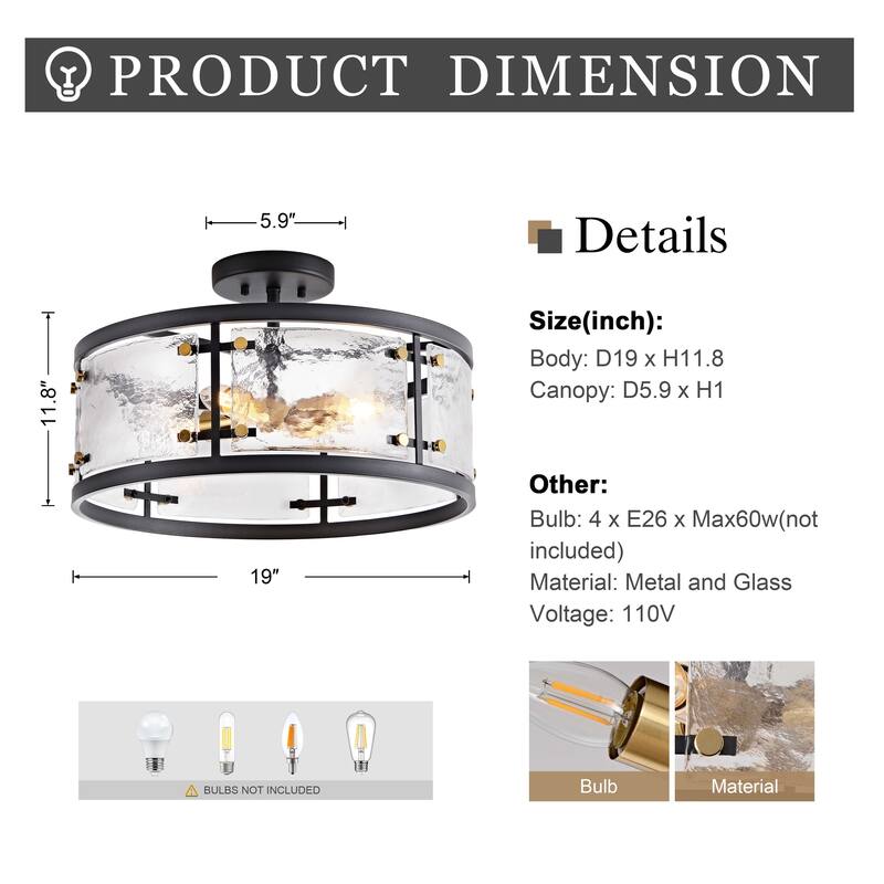 Laia Black 5-light Water Textured Glass Drum Flush Mount - 19 inches in diameter x 8.5 inches H