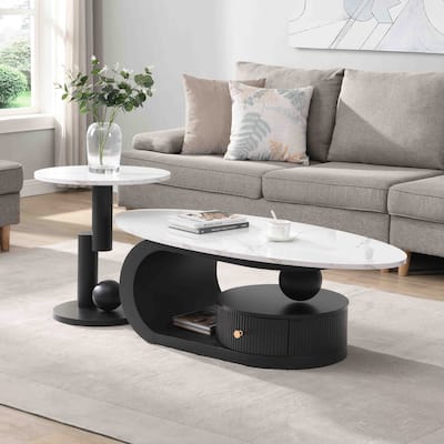 Modern Nesting Coffee Table Side Table with Artificial Marble Top and Drawers, for Living Room, 2-Piece Set