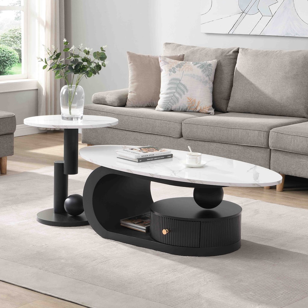 Modern Nesting Coffee Table Side Table with Artificial Marble Top and Drawers, for Living Room, 2-Piece Set