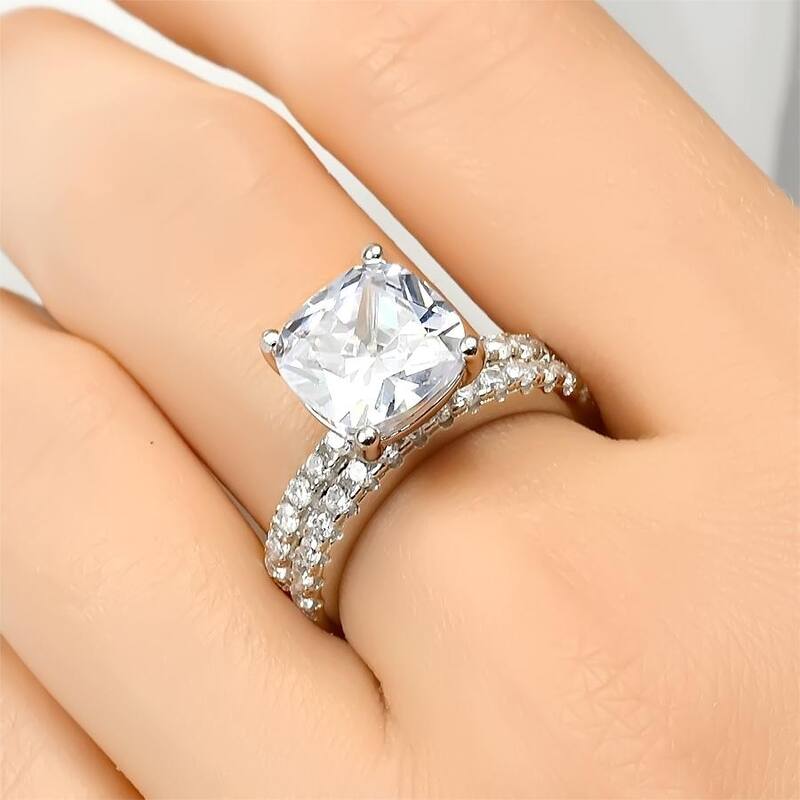 Womens 6.75 Carat 2 pcs Bridal Ring Set Cushion Cut Sterling Silver