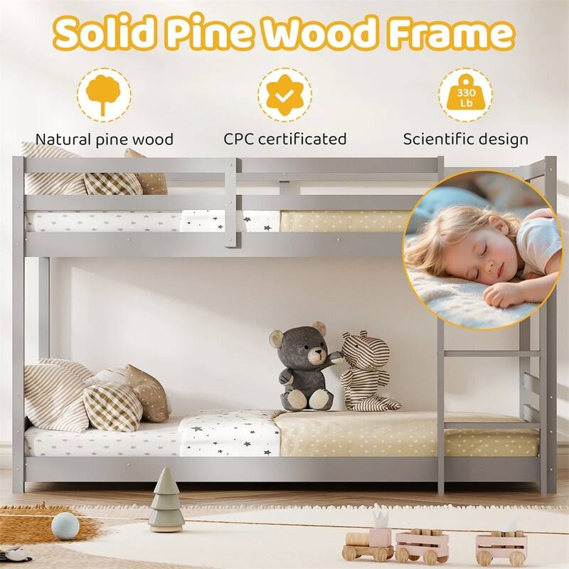 Kids Low Floor Bunk Bed Twin Over Twin With Guard Rails And Stairs