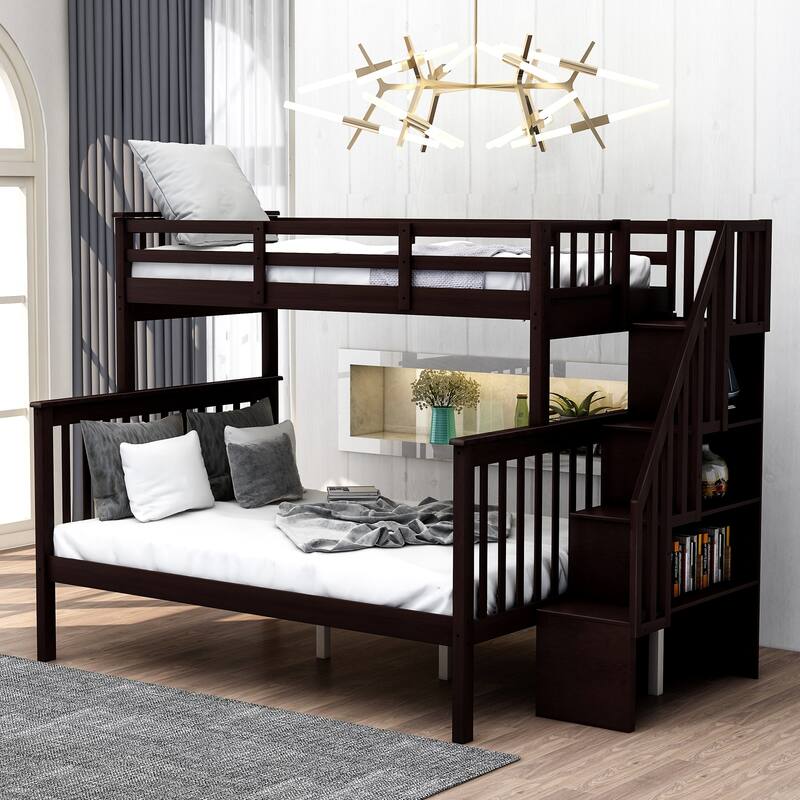 Twin-Over-Full Bunk Bed with Storage, Guard Rail, and Stairs, Espresso Finish - Espresso