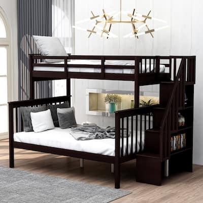 Twin Over Full Bunk Bed with Storage Staircase, Solid Pine Wood Frame, Guardrail for Safety, Convertible Beds for Bedroom