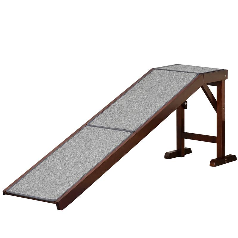 PawHut Pet Ramp for Dogs Non-slip Carpet Top Platform Pine Wood 69.75"L x 16"W x 25"H, Brown Grey
