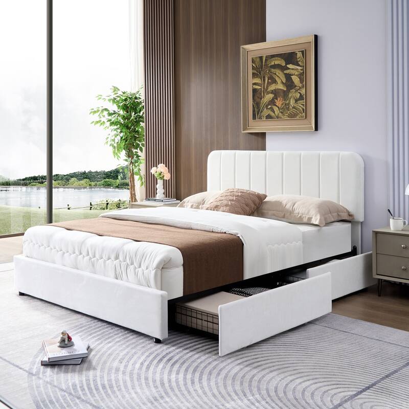 White Upholstered Platform Bed Frame with 4 Storage Drawers, Adjustable Velvet Rivets Headboard