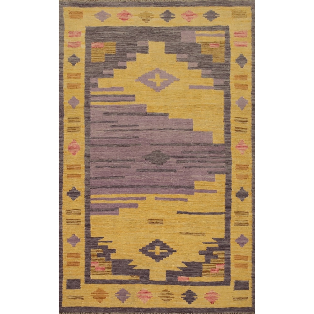 Hand Woven Oriental 100% Wool Carpet Southwestern Tribal Yellow & Gold Kilim Area Rug - 5' 1'' X 3' 3''