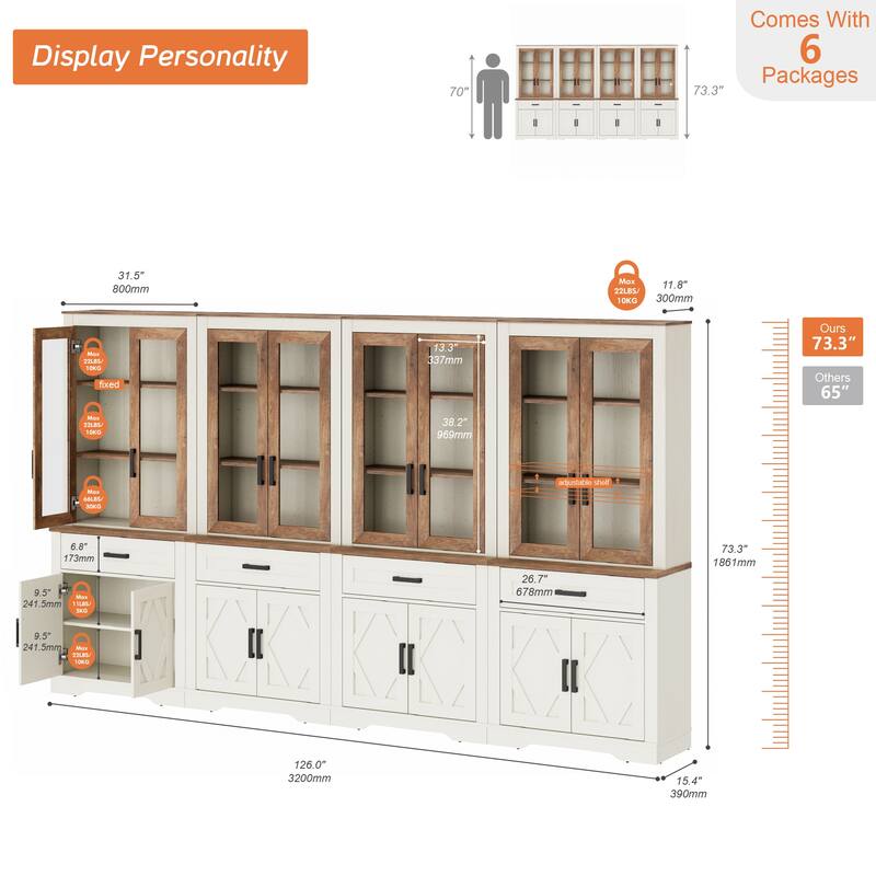 5 Tier 4-Column Bookshelf Set with Open Storage and Glass Doors
