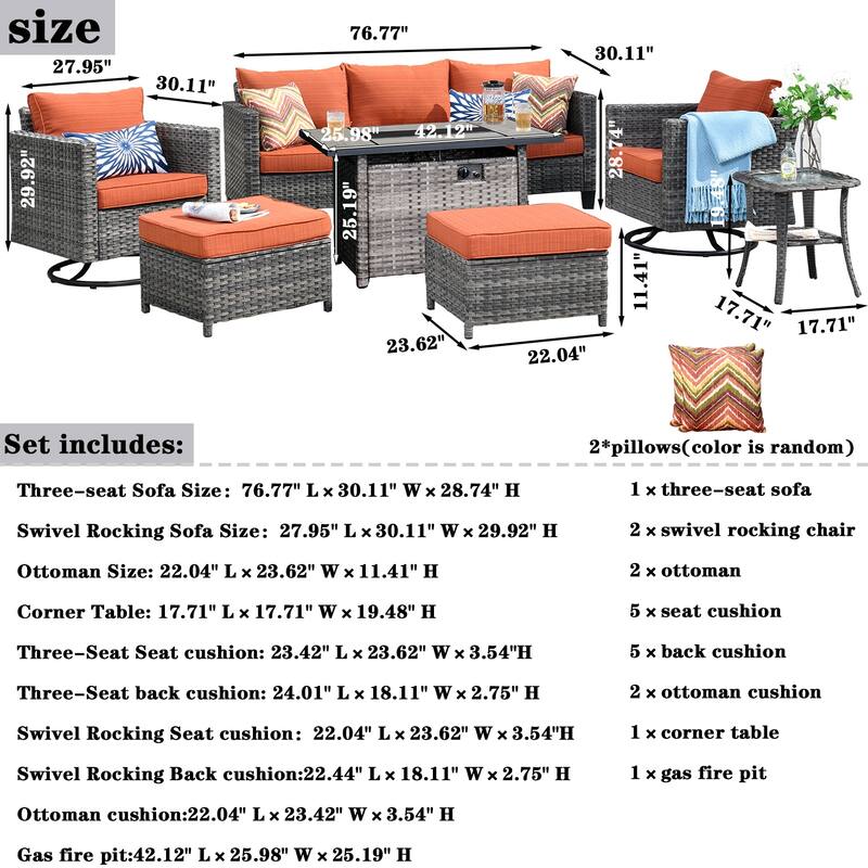 OVIOS 7-piece Wicker Sectional Sofa Swivel Rocking Chair Set With Fire Pit