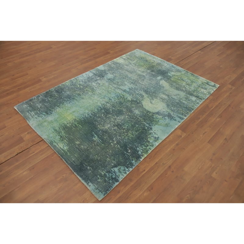 Hand-knotted Modern Silk Blue Abstract Oriental Area Rug - 5' 9'' X 4' 0''