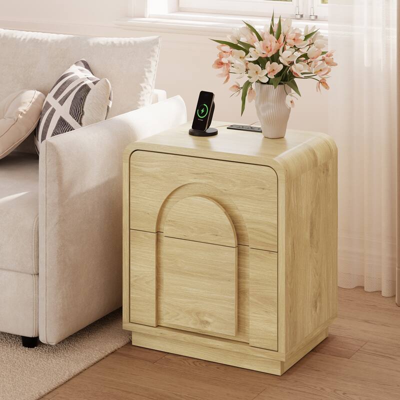 Bestier Nightstand with Charging Station, Modern LED End Tables with 2 Drawers, Boho Bedside Table with Storage for Bedroom - Natural Maple
