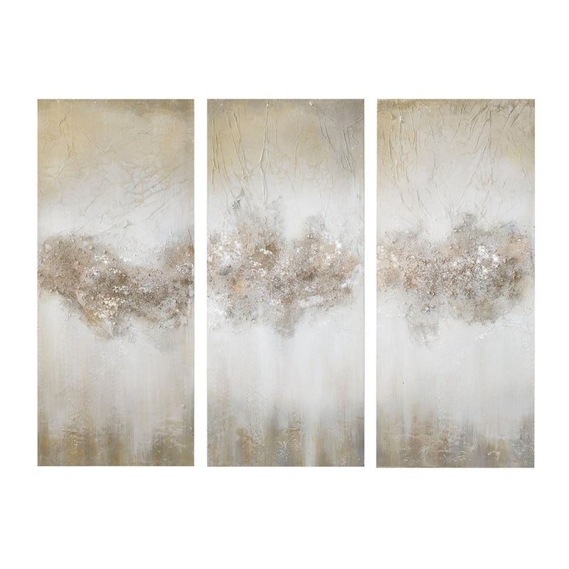 Roomfitters 3-Piece Taupe Canvas Wall Art Set, Hand Painted Abstract Triptych Accent Decor with Natural Stone and Glitter