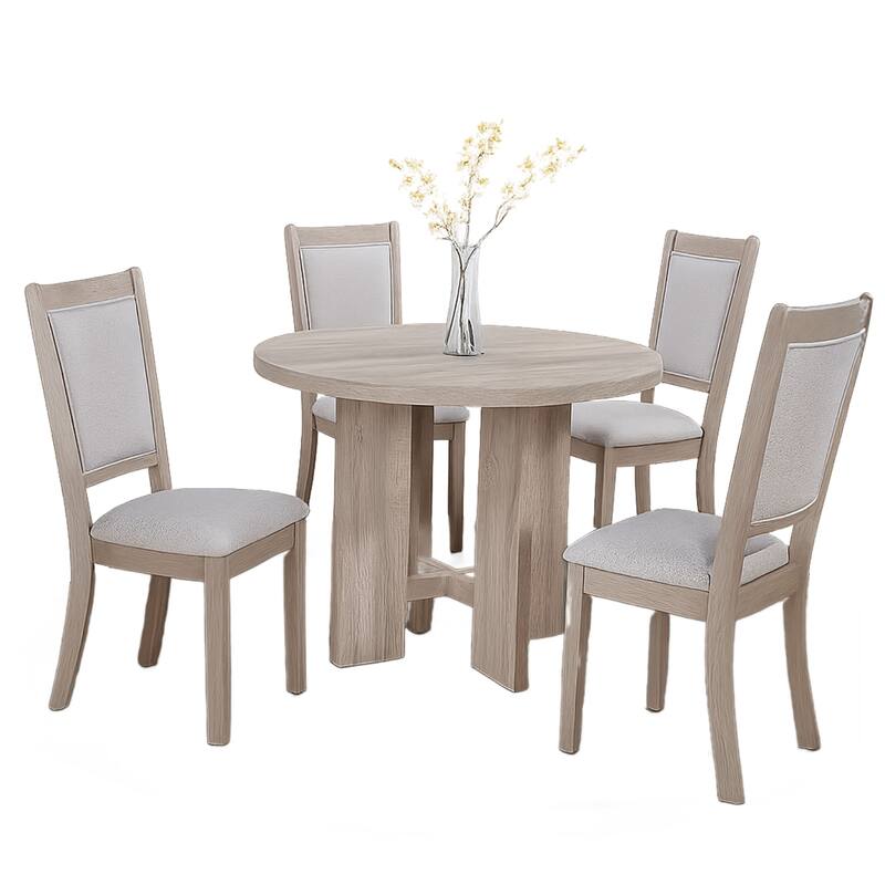 Moyo 5pc Dining Set, Light Gray, Rustic Style Gray Round Wood Top