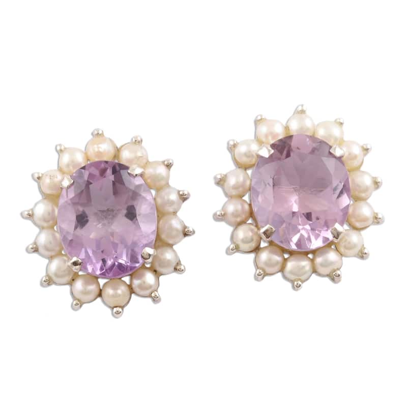 NOVICA Lilac Facets, Amethyst and cultured pearl button earrings - 0.7L*0.6W