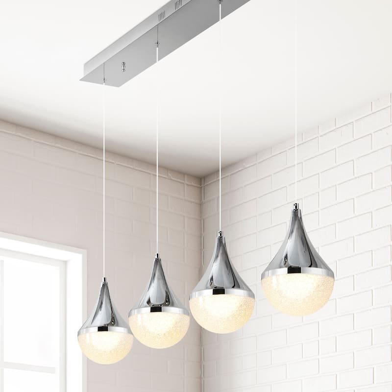Mario Teardrop Modern Mid-Century Iron/Acrylic Integrated Linear LED Pendant, Chrome/White by JONATHAN Y - 4-Light