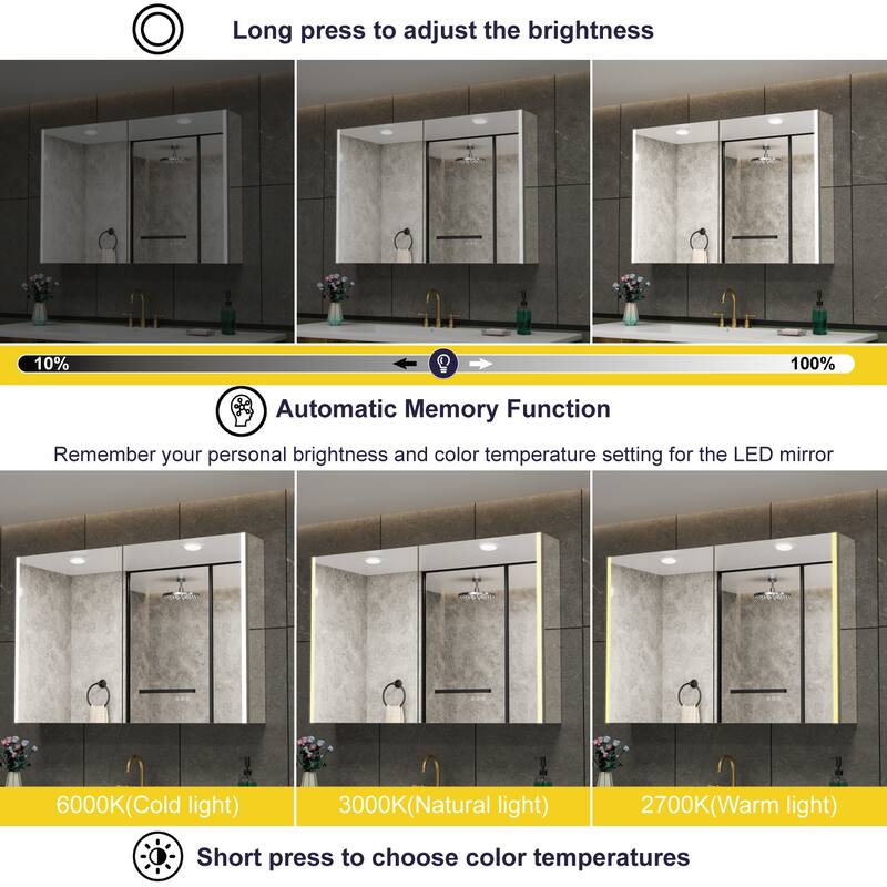 Chloe LED Medicine Cabinet with Mirror, Dimmable, Anti-fog, Adjustable Glass Shelves, Recessed or Surface Mount