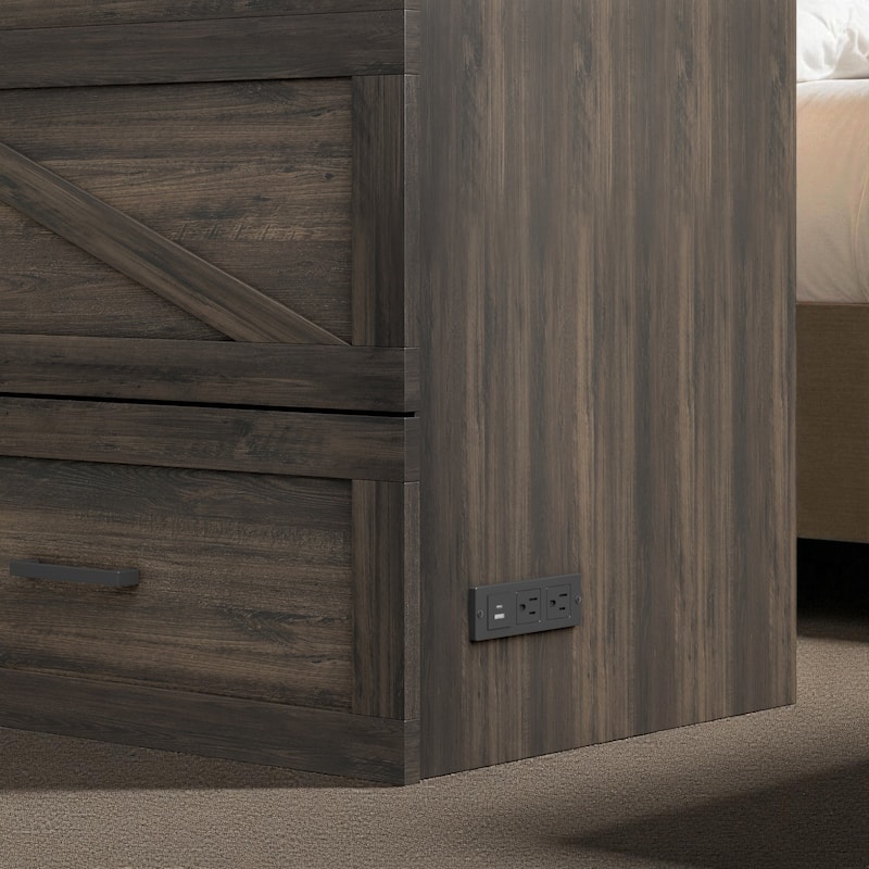 Queen Farmhouse Murphy Cabinet Bed with Charging Station and Large Storage Drawer, Foldable Space-Saving Platform Bed