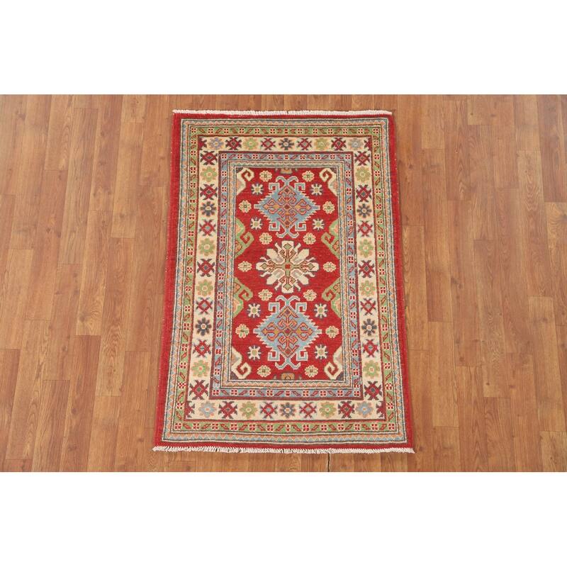 Kazak Accent Rug Hand-Knotted Geometric Wool Carpet - 2'8" x 4'0"