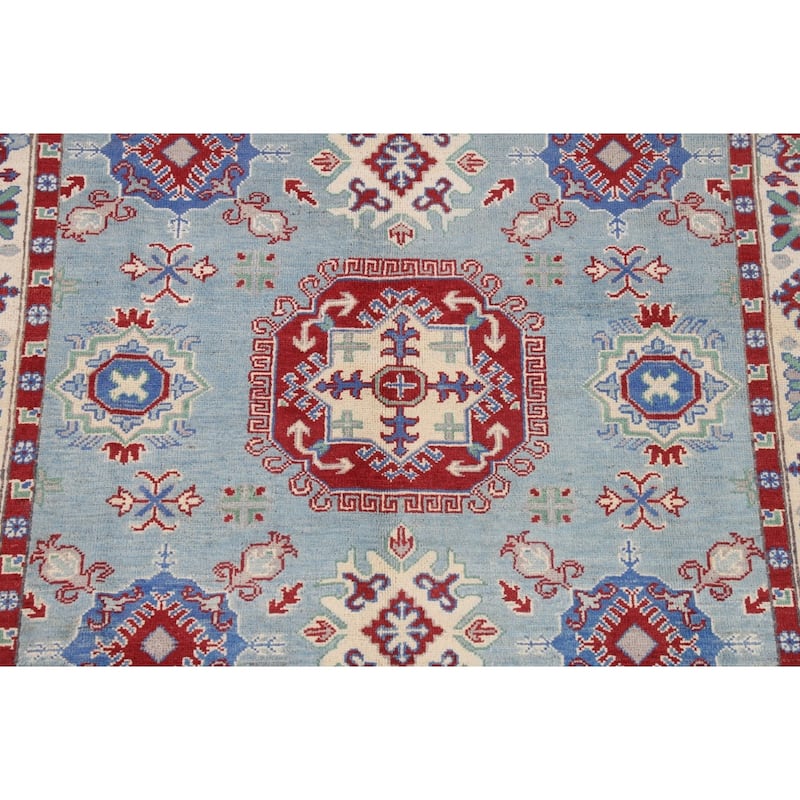 Light Blue Geometric Kazak Rug Handmade Wool Carpet - 4'11" x 6'6"