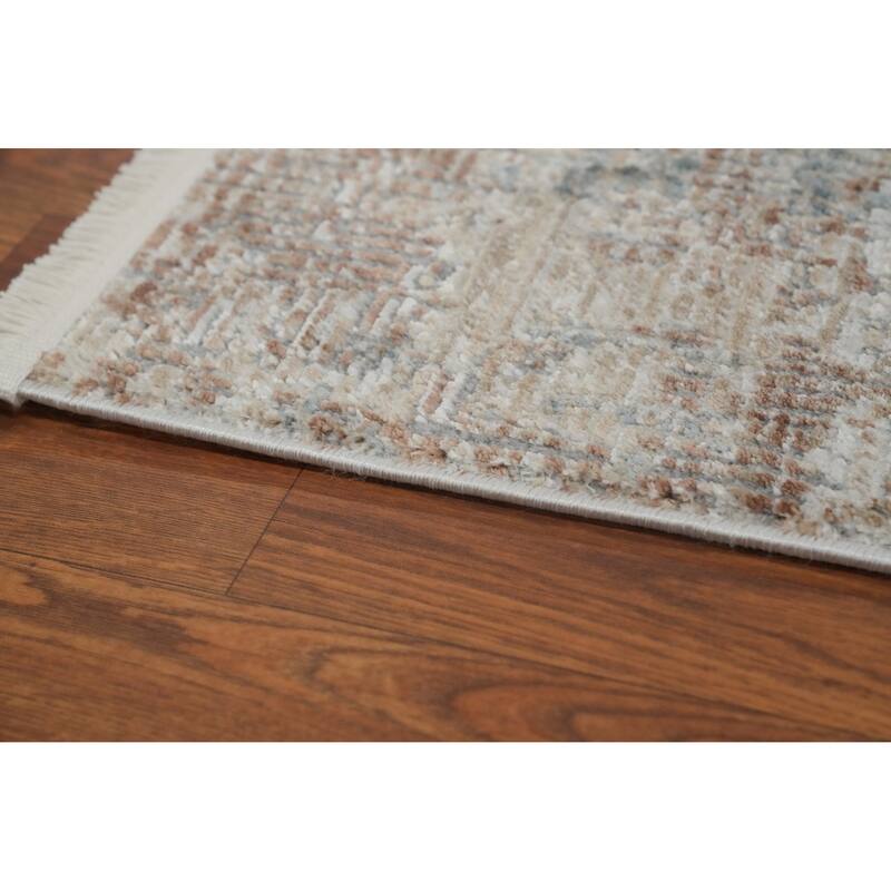 Machine Made Oriental Polyester Carpet Abstract Beige & Ivories Distressed Area Rug - 7' 5'' X 5' 2''