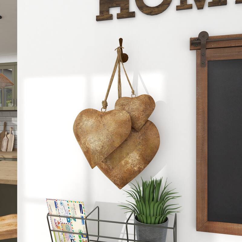 Gold, Red or Gray Metal Heart Decorative Bell with Hanging Rope (Set of 3)