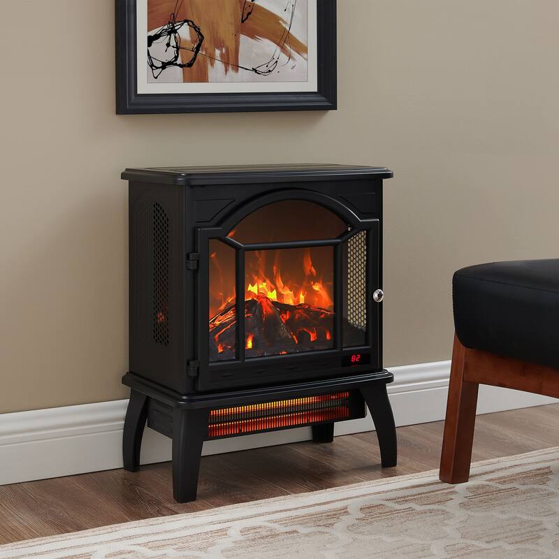 Freestanding 18-Inch Electric Quartz Fireplace Stove with Realistic Flame, 1500W Heat & Remote Control