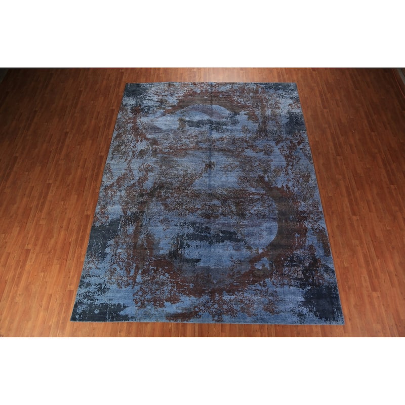 All-Over Blue Abstract Indian Area Rug Handmade Wool Carpet - 9'11"x 13'2"
