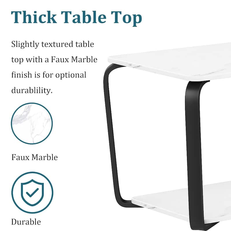 Coffee Table, White Faux Marble Coffee Table with Storage Shelf, Rectangle 2-Tier
