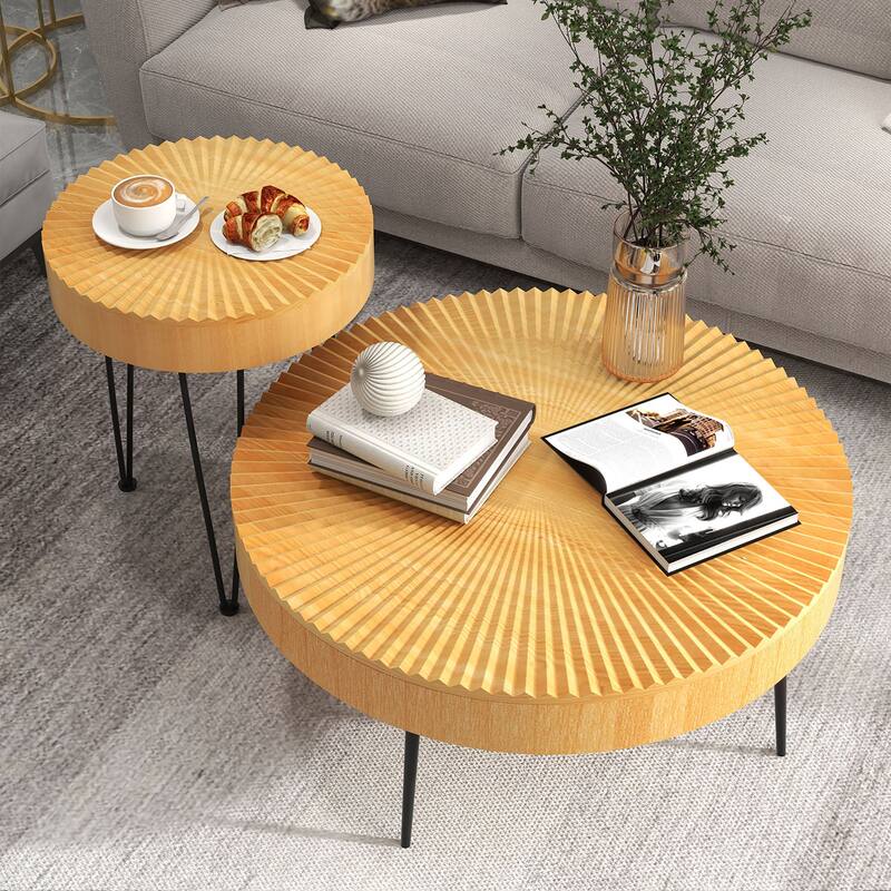 Costway Farmhouse Round Coffee Table Set of 2 End Table Natural Finish - See Details