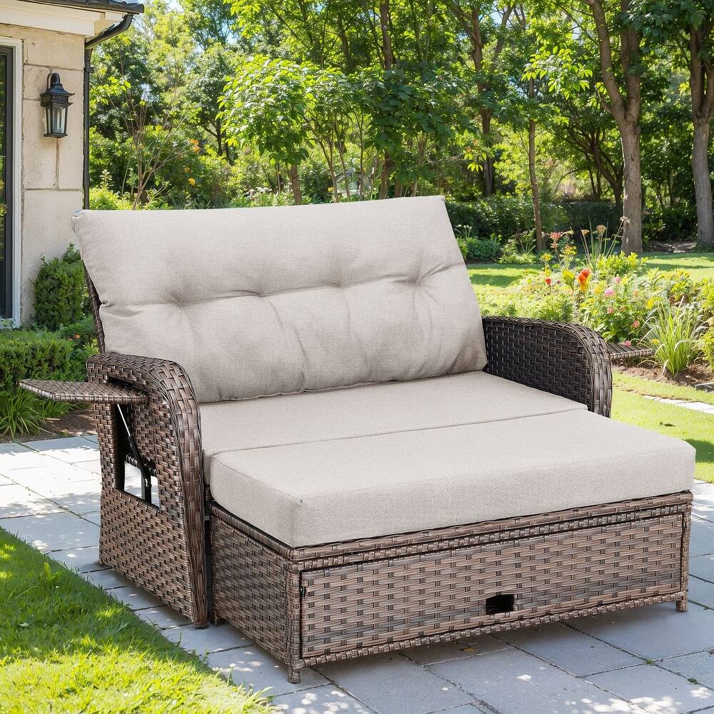 Gymojoy Adjustable Outdoor Wicker Daybed Patio Sofa Bed, 5-Position with Storage Ottoman