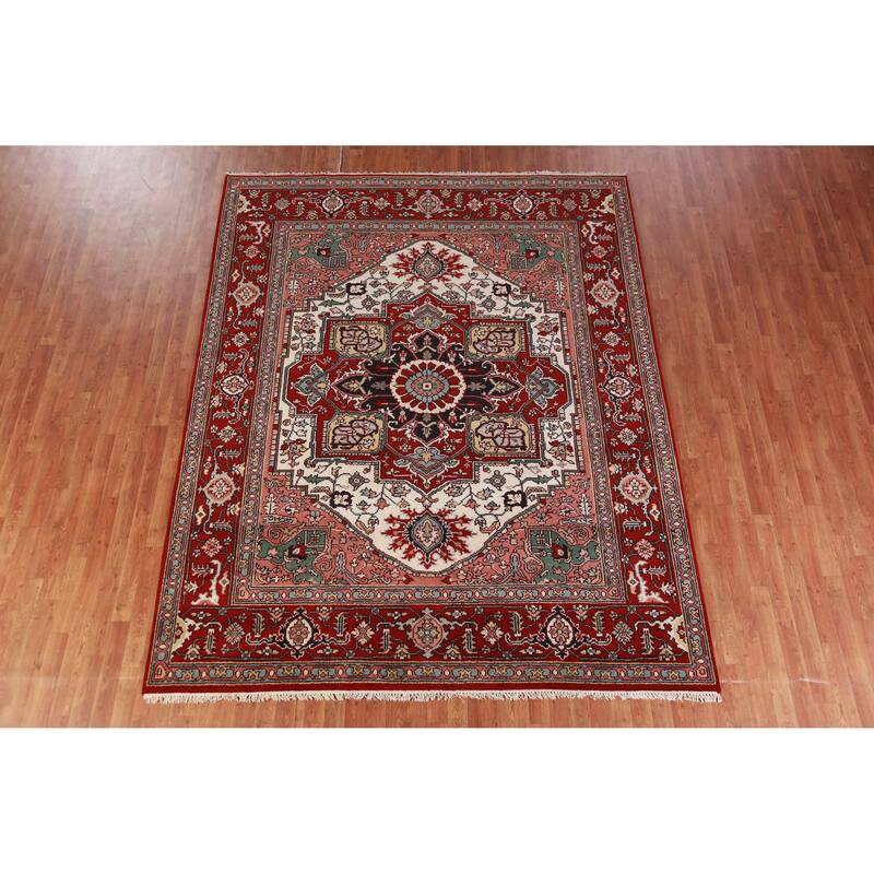 Hand Knotted Oriental 100% Wool Carpet Traditional Medallion Beige & Ivories Heriz (serapi) Area Rug - 10' 1'' X 7' 11''