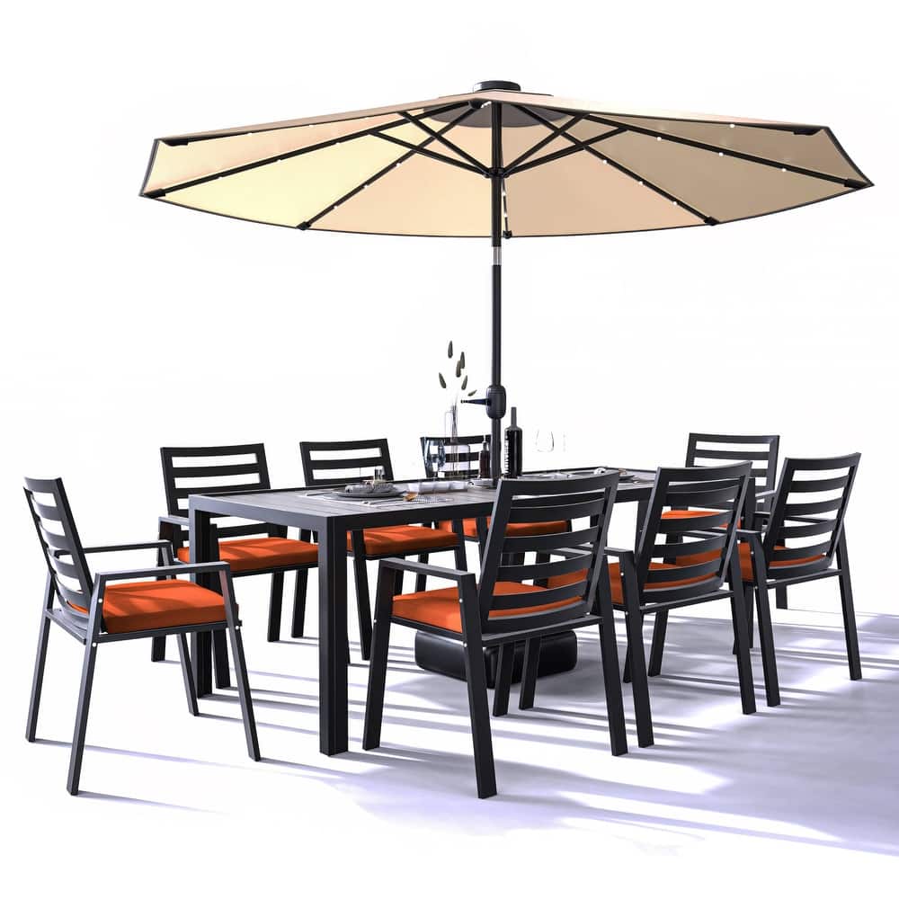 Chelsea 9-Piece Rectangular Outdoor Aluminum Fixed Table Dining Set with Plush Foam and Removable Cushion Covers