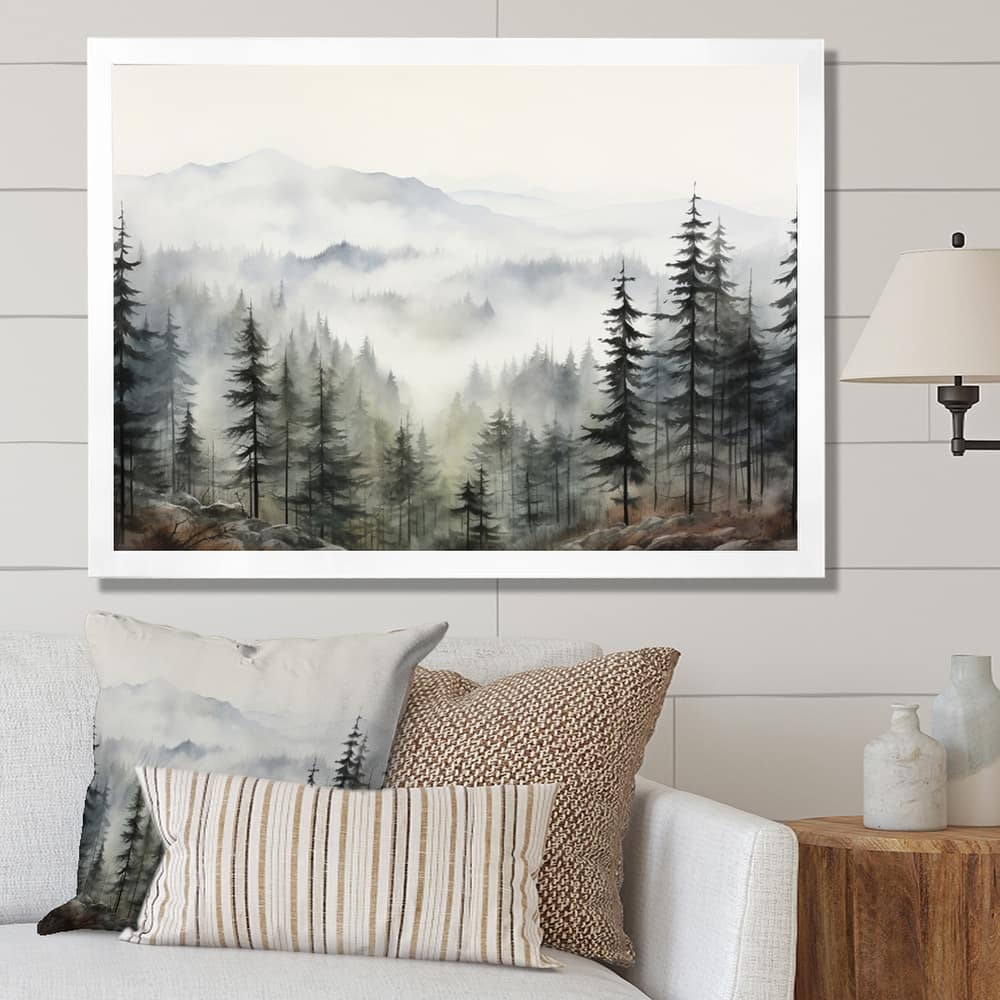 Designart "Pine Tree Misty Mountain II" Floral Framed Wall Art Living Room