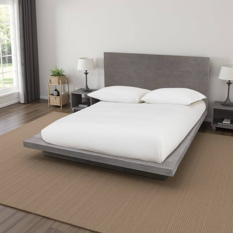 Nels California King Platform Bed, Light Gray Wood, Platform Plinth Base