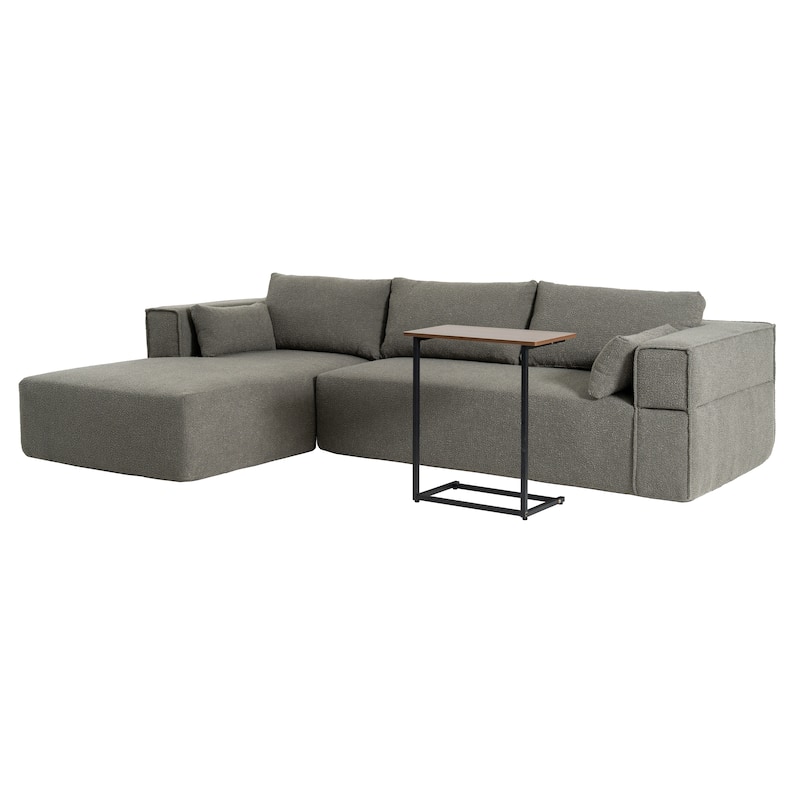 L Shaped Boucle Fabric Sectional Sofa w/ Chaise Lounge, Side Table, Pillows