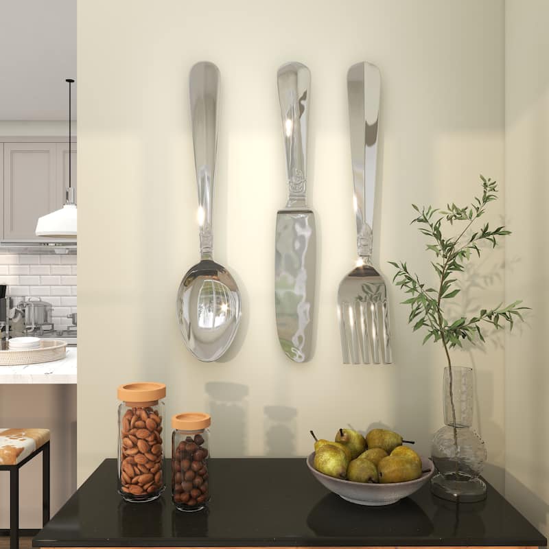 Aluminum Metal Large Knife, Spoon, and Fork Utensils Wall Decor (Set of 3) - Silver or Copper