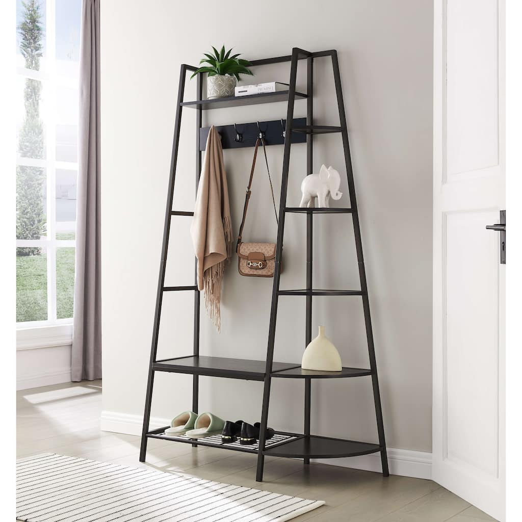 Hall Tree with Storage Bench - Entryway Shoe Storage, Coat Rack, 5 Side Shelves, Hooks & Shoe Bench